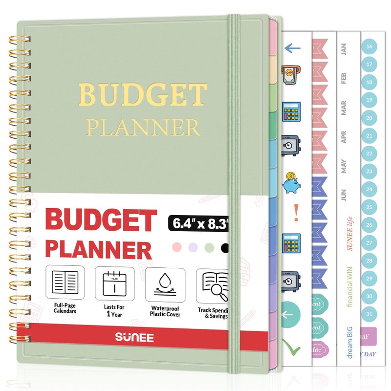 SUNEE Budget Planner - Monthly Budget Book with Expense Tracker Notebook, Undated 12 Month Bill Organizer & Finance Planner to Manage Your Money, A5(6.4"" x 8.3"") Account Book with Colorful Tab, Green - Image 1
